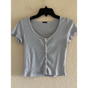 Women's Brandy Melville Light Blue Ribbed Button Front Crop Top S